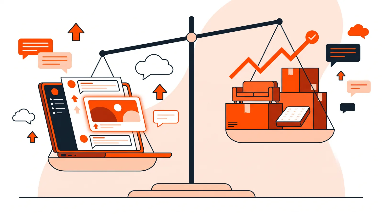 Balance scale weighing a sponsored post on a laptop against product boxes and a rising trend