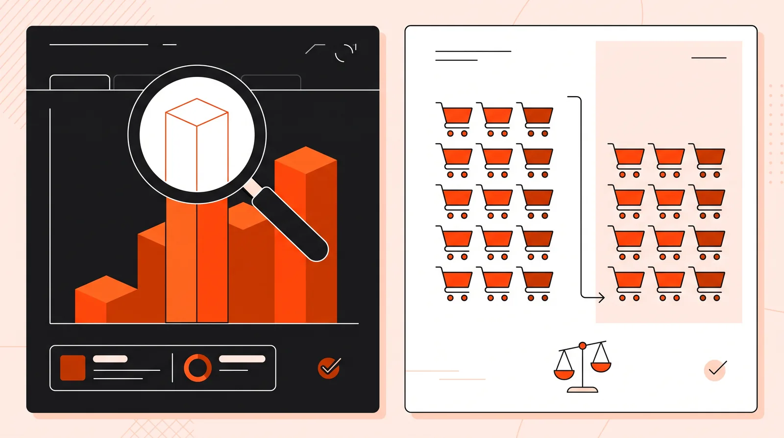 Dashboard bar chart under a magnifying glass beside a test group and holdout group of shopping carts