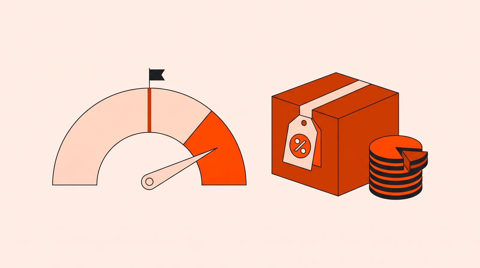Gauge dial with the needle in the orange zone beside a product box with a price tag and a stack of coins