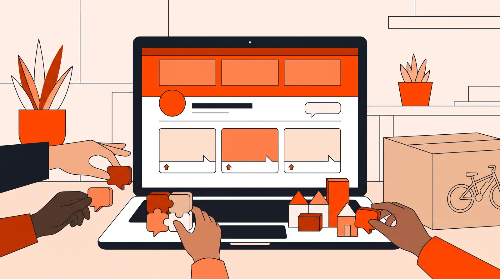 A team building a new online community page from comment bubbles beside a laptop and product box