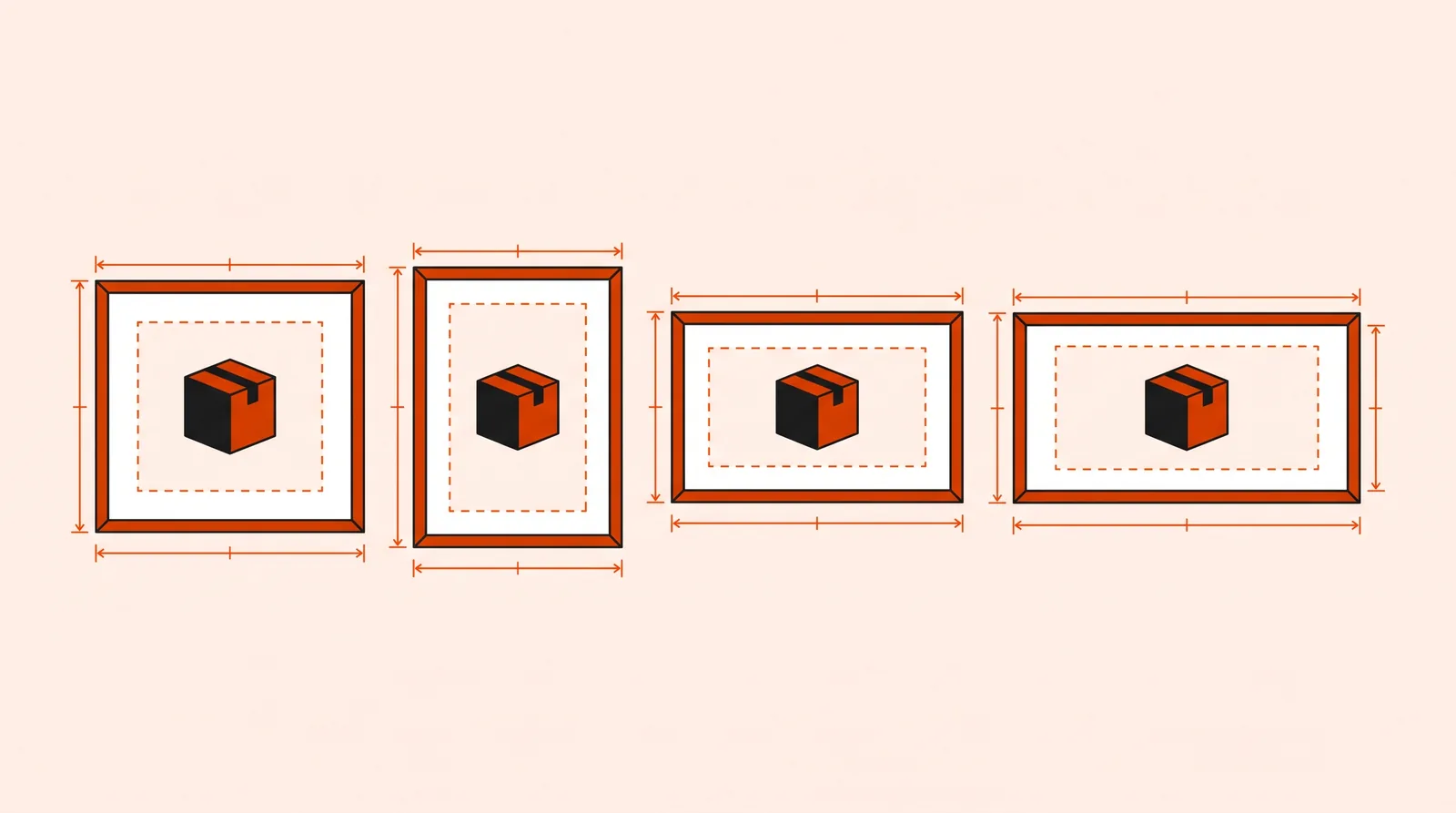 Four frames in square, portrait, landscape and wide shapes, each with a product inside a safe area