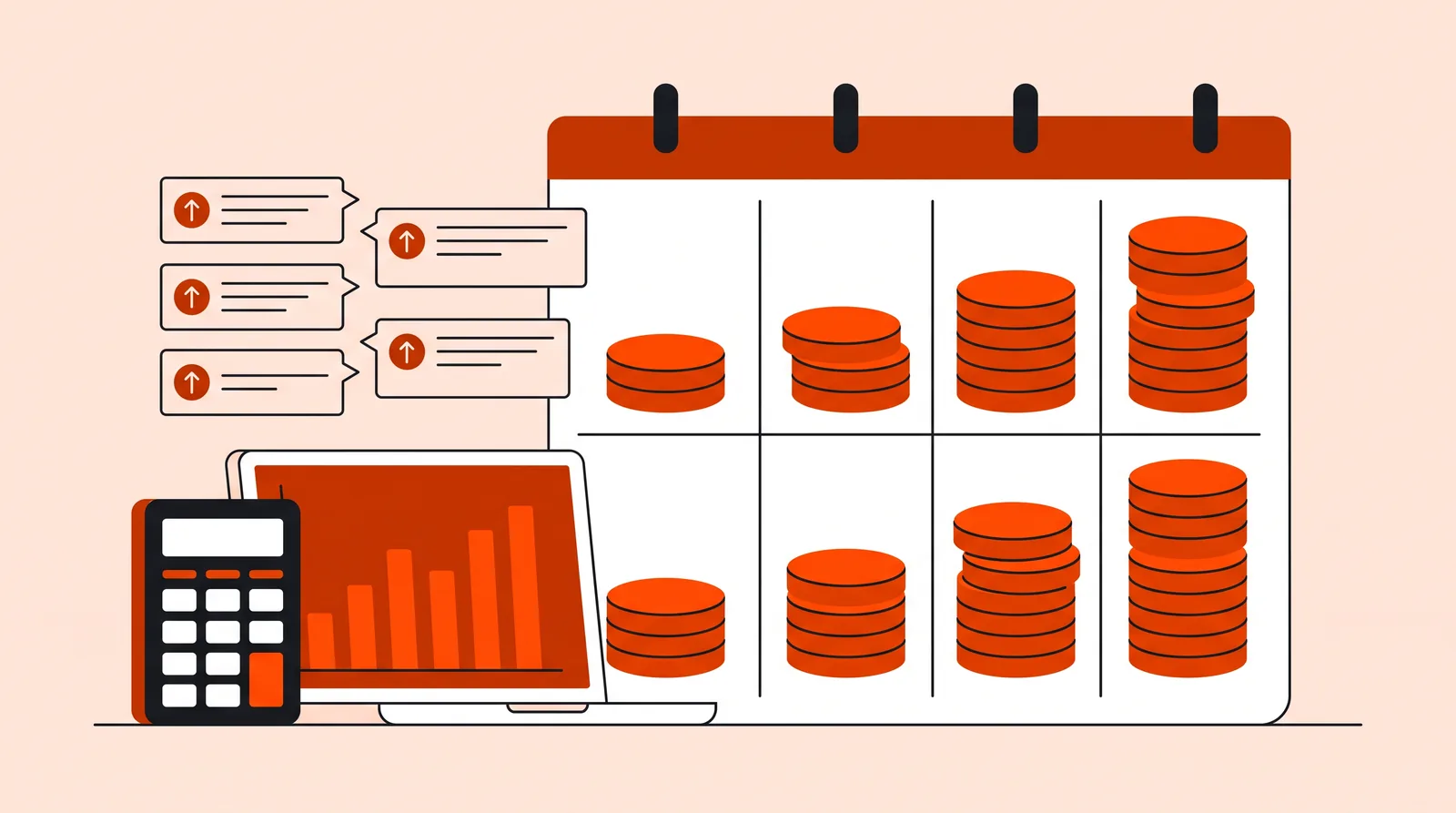 Four-week calendar with two rows of coin stacks for two ad groups and a laptop chart