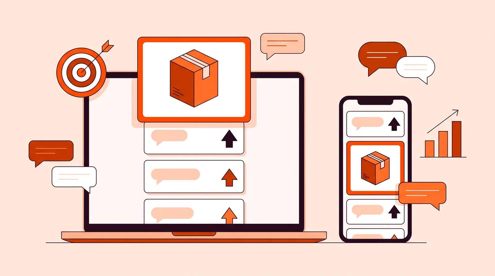 Laptop and phone showing discussion feeds with one promoted post highlighted in orange