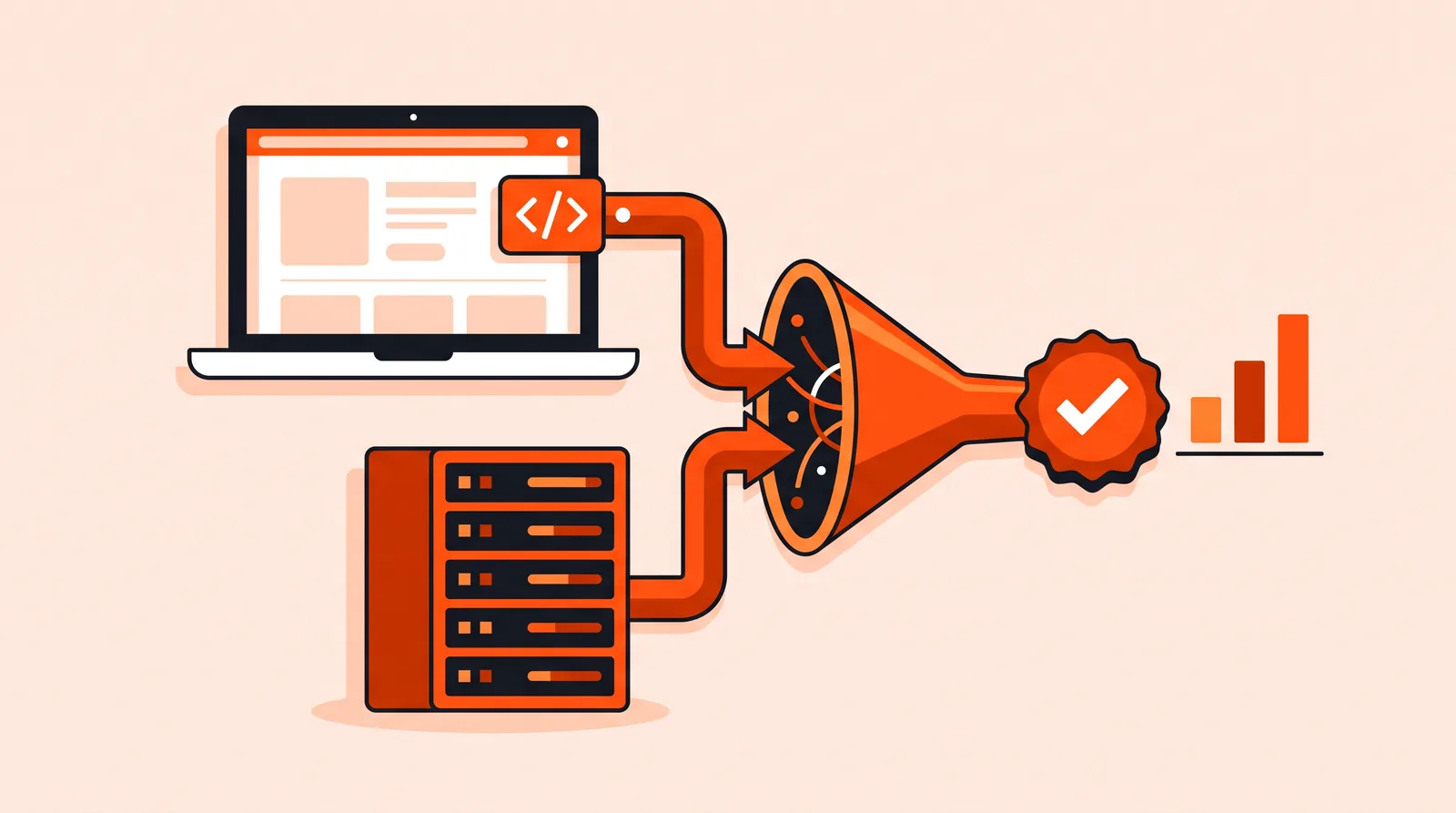 Diagram of a website tag and a server both sending events into one merged conversion count