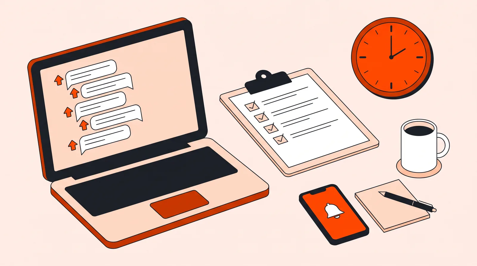 Checklist clipboard with ticked boxes next to a laptop thread and a clock on a tidy desk