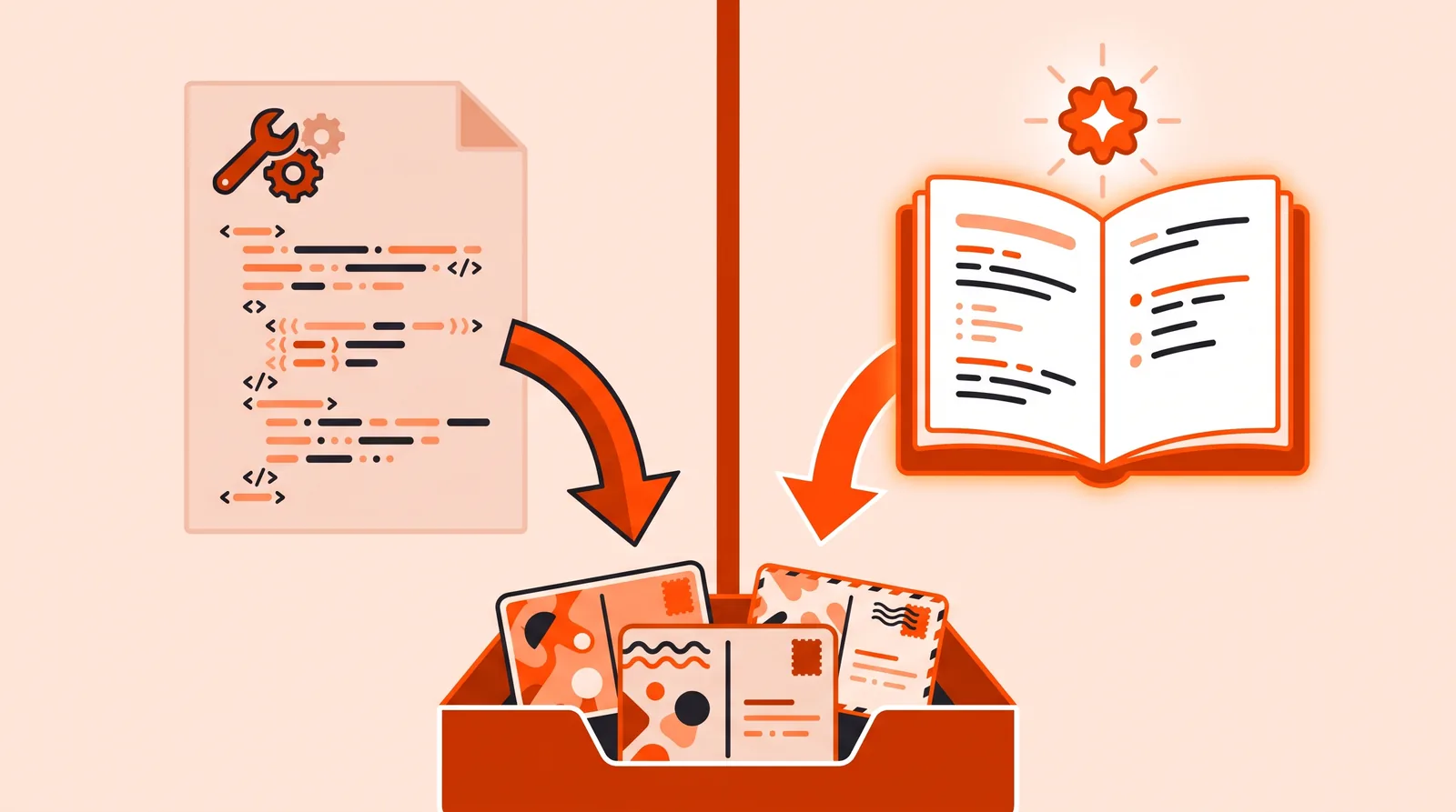 Split illustration of a code-based config page and an AI rulebook feeding one mod queue