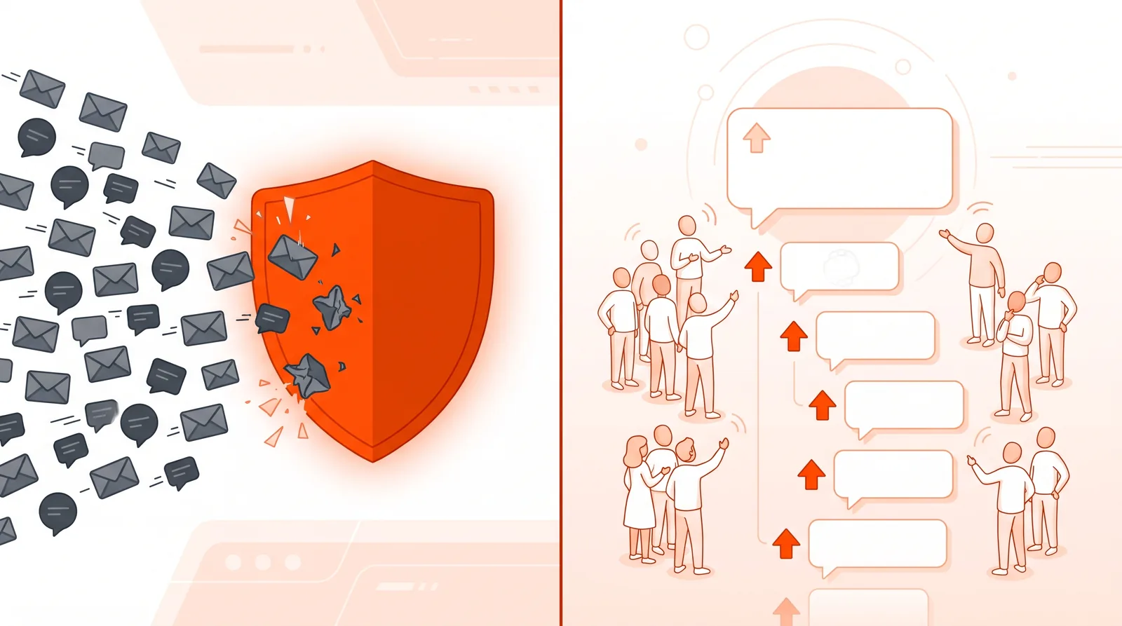 Two paths compared: spam messages blocked by a shield versus a public discussion thread drawing interested readers