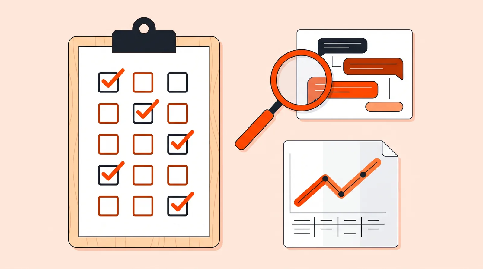Hiring scorecard with checkboxes, a magnifying glass over a thread and a monthly report