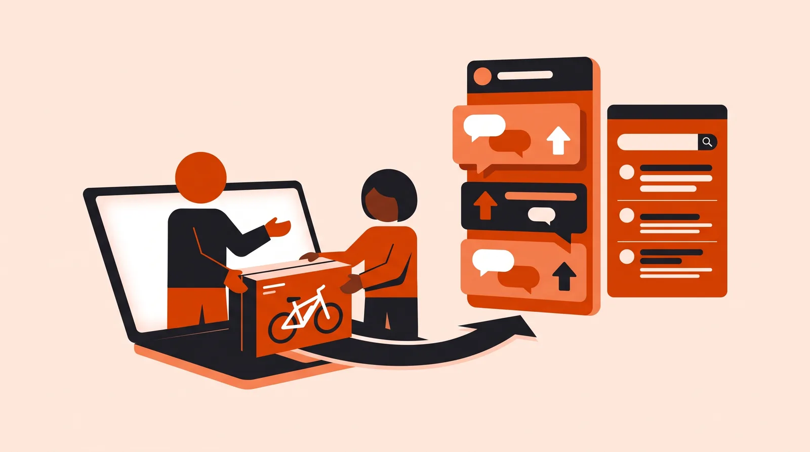Marketing team guiding a product box toward Reddit-style discussion threads and search results