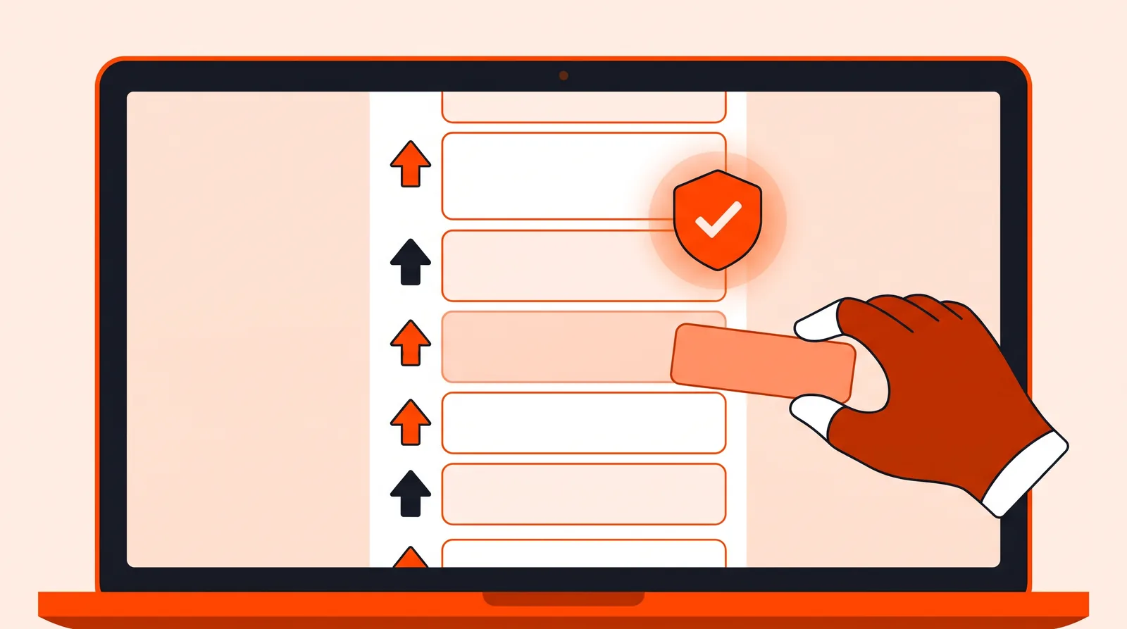 Laptop showing a discussion thread watched over by a shield badge while one card is lifted out
