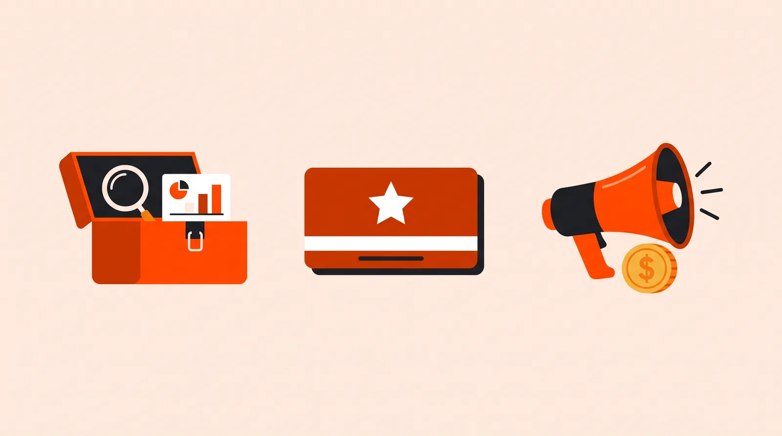 Three tools side by side: a toolbox, a membership card and a megaphone with a coin