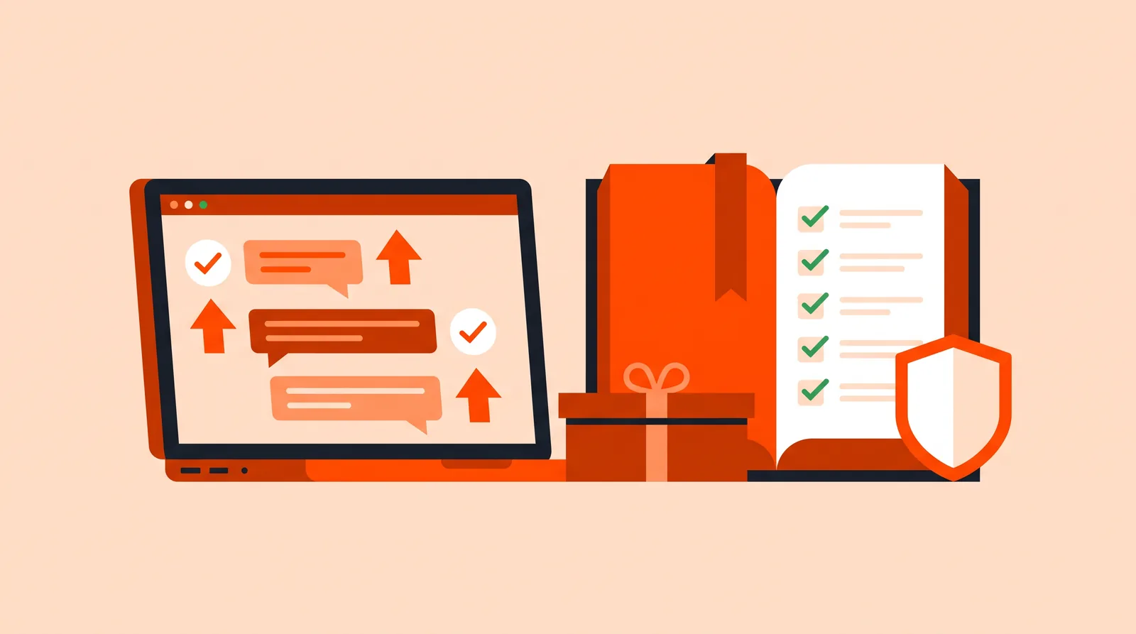 Laptop with a discussion thread beside an open rulebook checklist and a product box