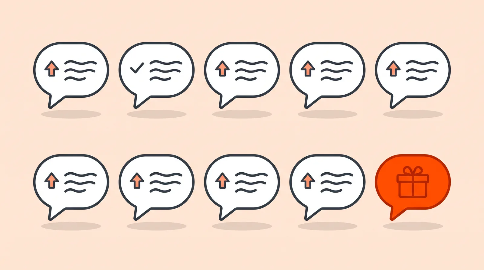 Ten comment bubbles, nine white helpful answers and one orange bubble with a box icon