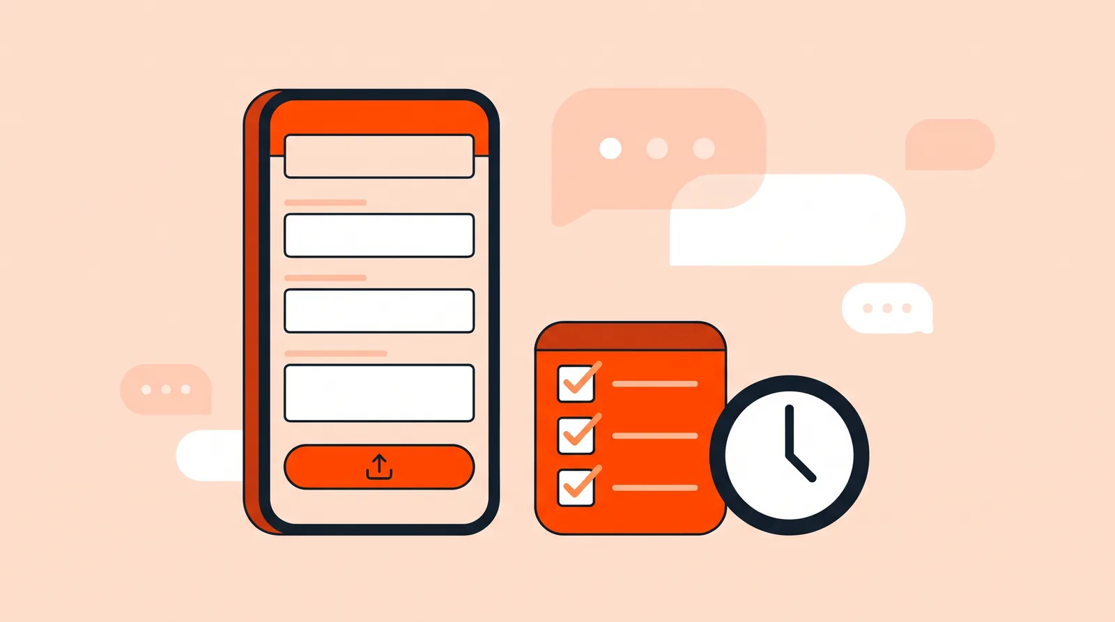 Appeal form on a phone next to a checklist with ticked boxes and a clock