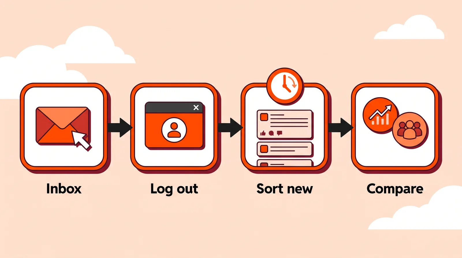 Four-step flow labeled Inbox, Log out, Sort new and Compare